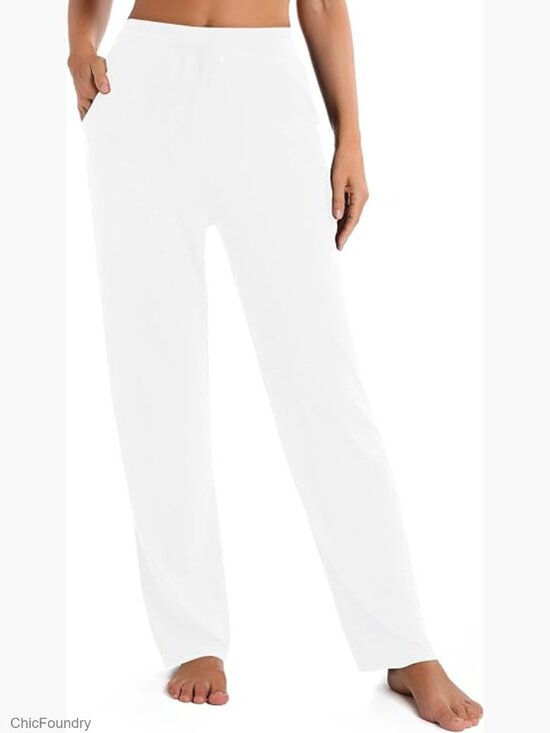 Pants - Women's High Waist Drawstring Wide Leg Yoga Pants with Pockets